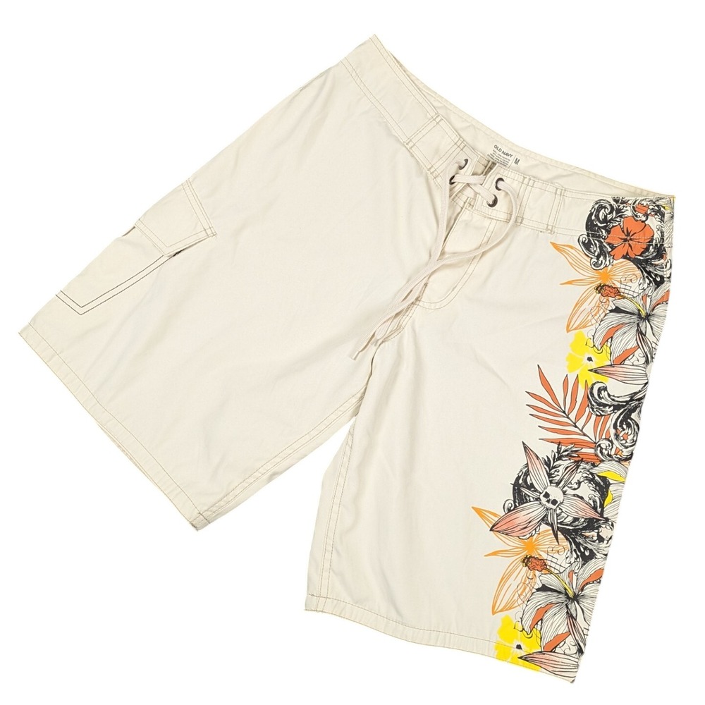 Old Navy Mens Medium Board Shorts Cream Floral Skull Graphic Swim Trunks Cargo